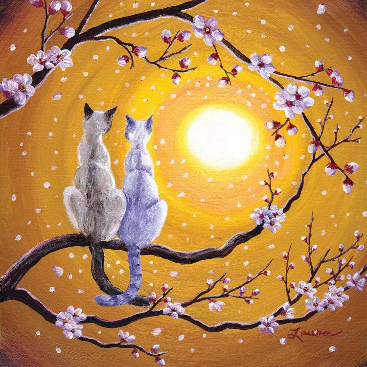 Siamese Cats Nestled In Golden Sakura by Laura Iverson wall art