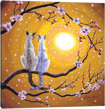 Siamese Cats Nestled In Golden Sakura Canvas Art Print - Siamese Cat Art