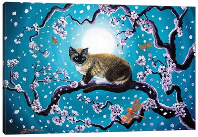 Snowshoe Cat And Dragonfly In Sakura Canvas Art Print - Snowshoe Cat Art