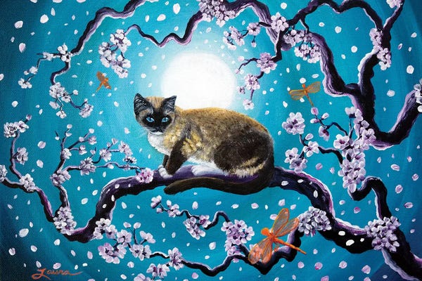 Blossoms: Snowshoe Cat And Dragonfly In Sakura by Laura Iverson