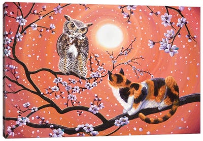 The Owl And The Pussycat In Peach Blossoms Canvas Art Print - Laura Iverson