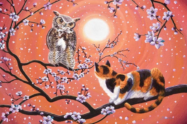 Laura Iverson: The Owl And The Pussycat In Peach Blossoms by Laura Iverson