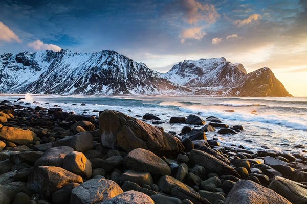 Snowy Mountains: Norway, Lofoten, Unstad Beach I by Mikolaj Gospodarek