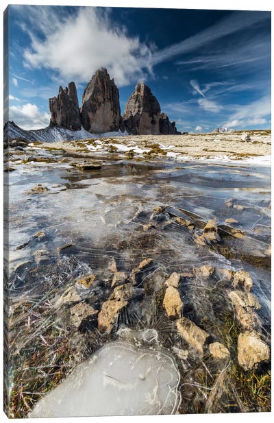 Italy, Tre Cime di Lavaredo With Ice, Dolomites Canvas Art Print - Rock Art