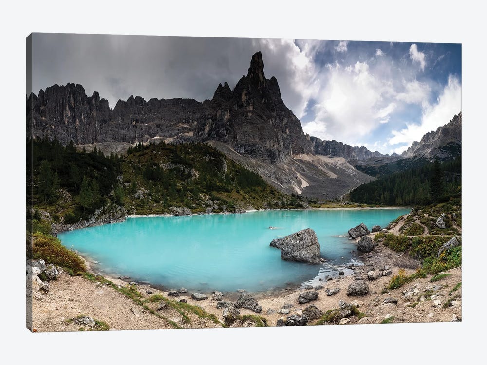 Europe, Italy, Alps, Mountains, Lago Di Sorapiss With Dito Di Dio 1-piece Canvas Print