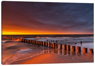 Poland, Baltic Sea, Dziwnow, Sunset IV Canvas Art Print - Sandy Beach Art