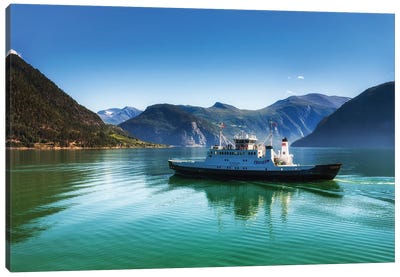 Ferry On The Lake In Norway Canvas Art Print - Mikolaj Gospodarek