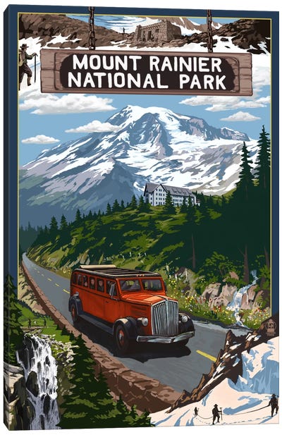 Mount Rainier National Park (Historic Red Bus) Canvas Art Print - Mount Rainier National Park Art