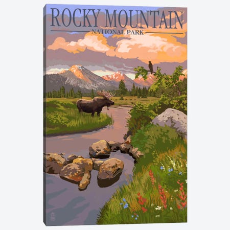 Rocky Mountain National Park (Moose Along A Mountain Stream) Canvas Print #LAN112} by Lantern Press Canvas Art Print