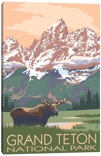 Grand Teton National Park (Moose And Teton Range) Canvas Art Print - Vintage & Retro Art