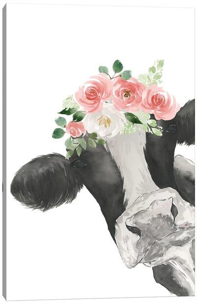 Hello Cow With Flower Crown Canvas Art Print - Cow Art