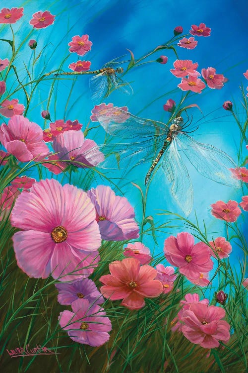 Dragonflies And California Poppies by Laura Curtin wall art