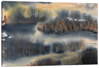Moody Lake And Fog Canvas Art Print - Serene Watercolors