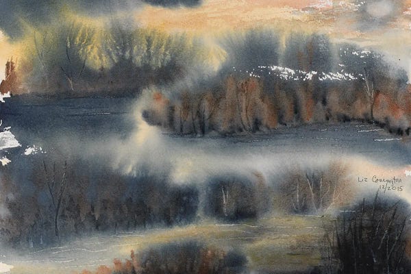 Serene Watercolors: Moody Lake And Fog by Liz Covington