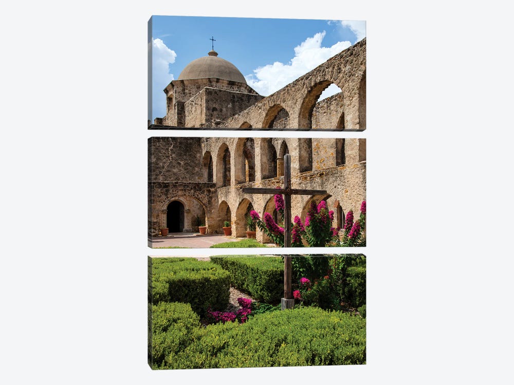 Arched Portico at Mission San Jose in San Antonio by Larry Ditto 3-piece Canvas Print