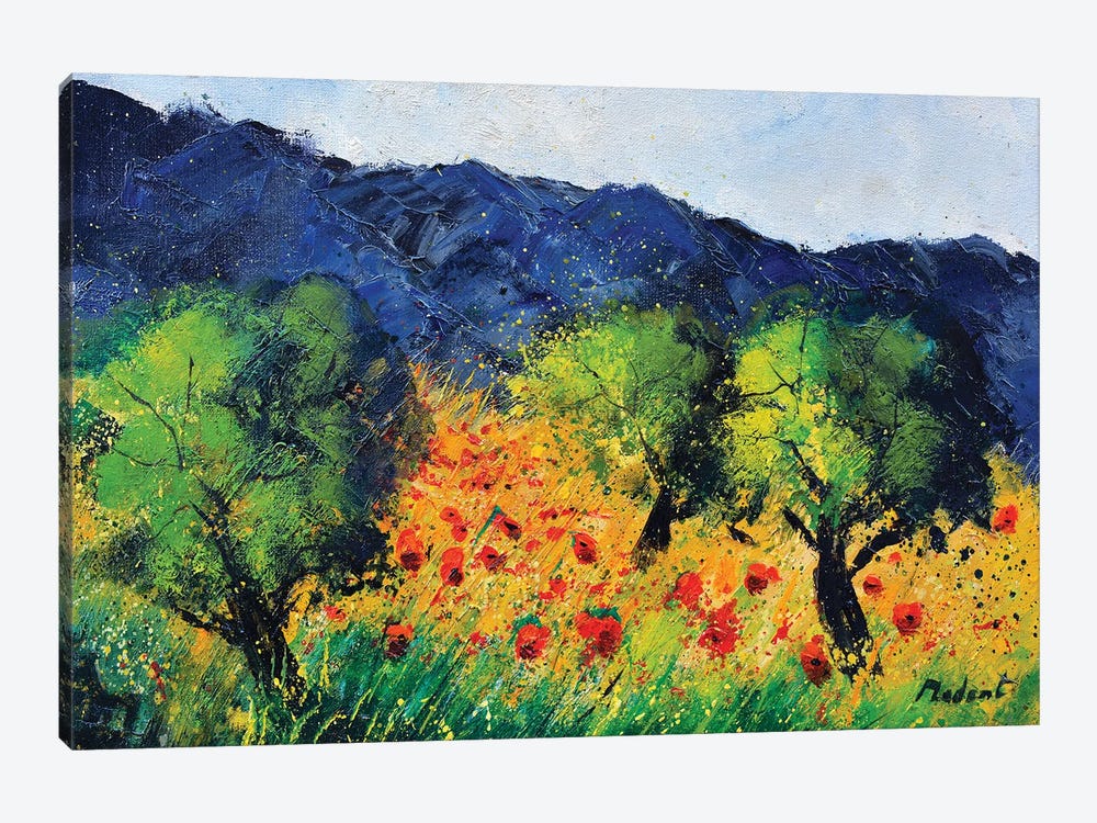 Olive trees and red poppies by Pol Ledent 1-piece Canvas Wall Art