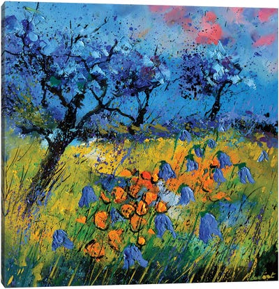 Blue Trees And Orange Flowers Canvas Art Print - Pol Ledent