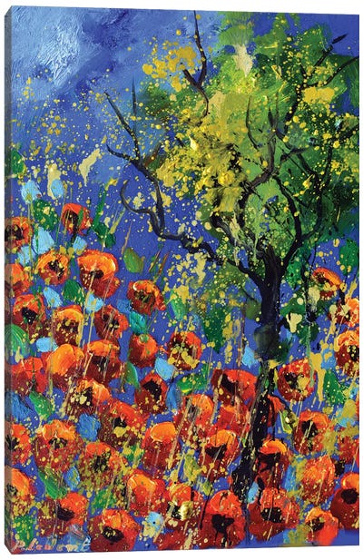 A Tree Amid Red Poppies Canvas Art Print - Poppy Art