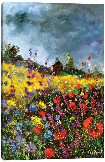 An Old Chapel And Poppies Canvas Art Print - Field, Grassland & Meadow Art