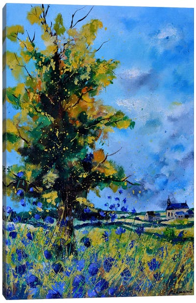 Oak And Blue Cornflowers Canvas Art Print - Oak Tree Art