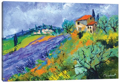 Lavender en red roof Canvas Art Print - Artists Like Van Gogh
