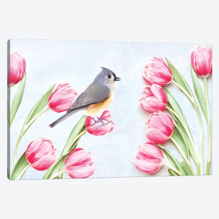 Tufted Titmouse Bird And Pink Tulips Canvas Print #LDY116} by Laura D Young Canvas Artwork