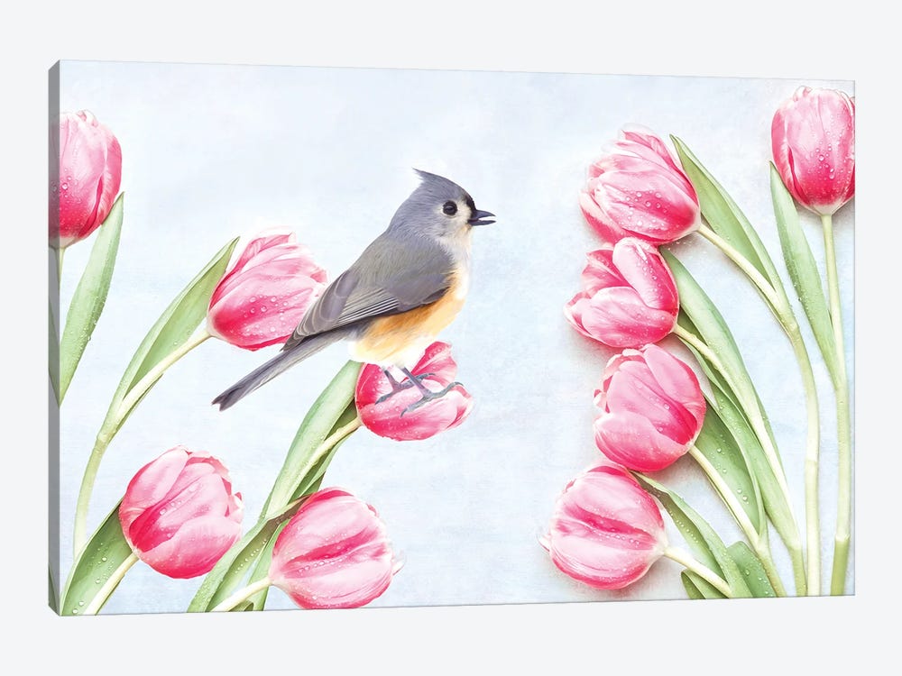 Tufted Titmouse Bird And Pink Tulips by Laura D Young 1-piece Canvas Artwork