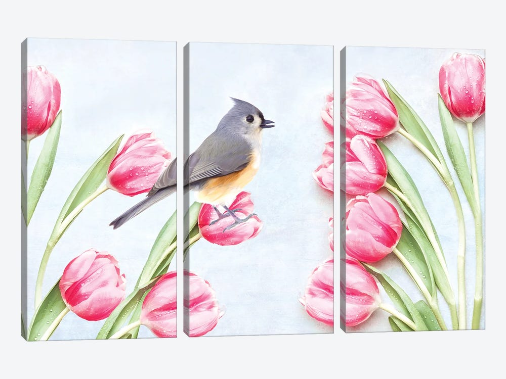 Tufted Titmouse Bird And Pink Tulips by Laura D Young 3-piece Canvas Artwork