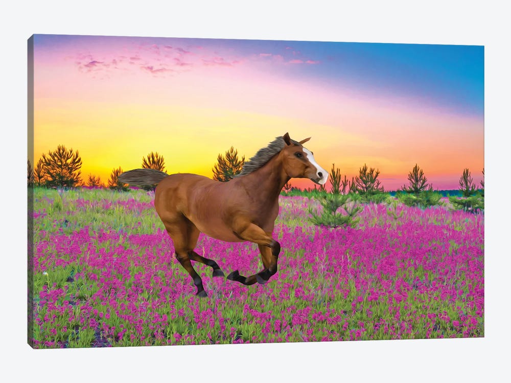Chestnut Horse In Field Of Wildflowers 1-piece Canvas Print