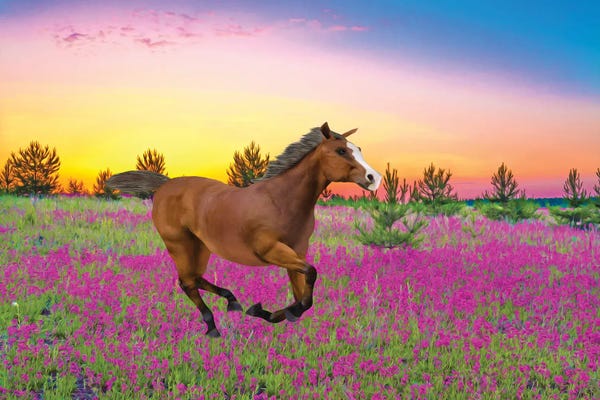 Laura D Young: Chestnut Horse In Field Of Wildflowers by Laura D Young