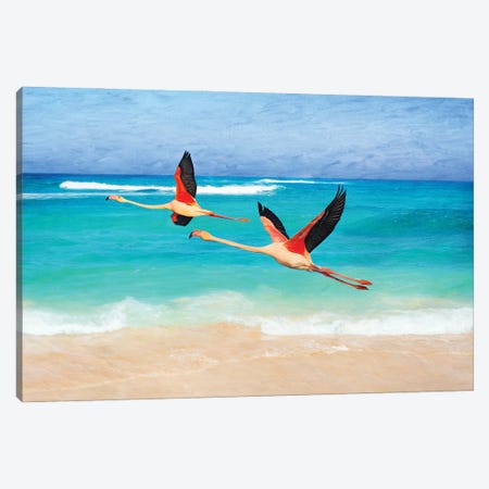 Pink Flamingoes In Flight Canvas Print #LDY181} by Laura D Young Canvas Wall Art