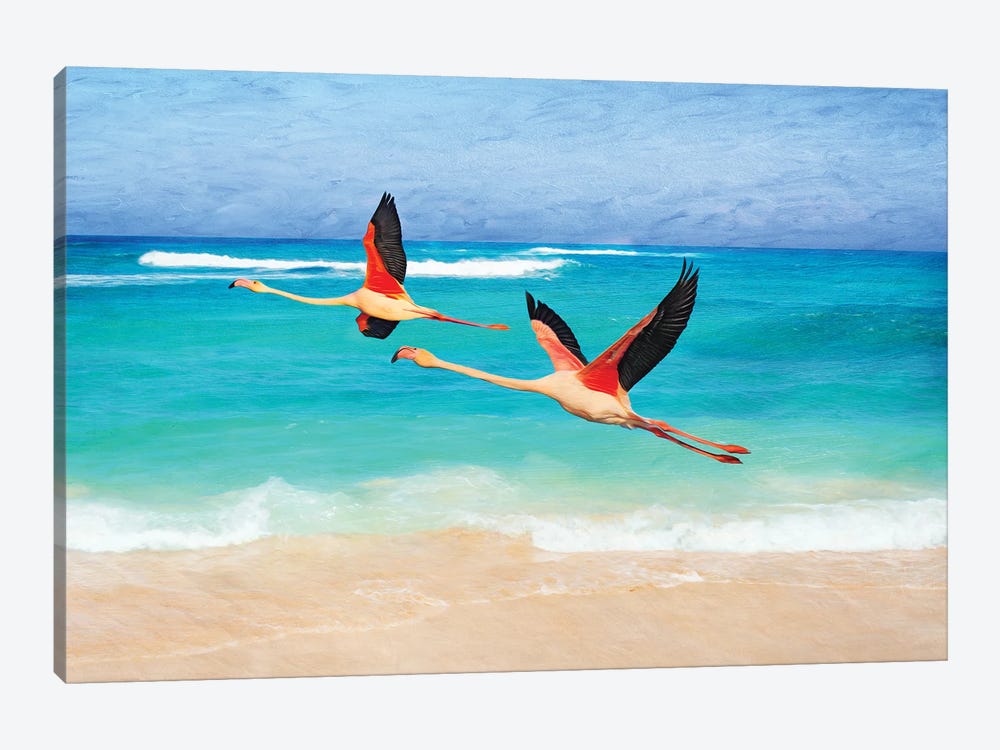 Pink Flamingoes In Flight by Laura D Young 1-piece Canvas Art