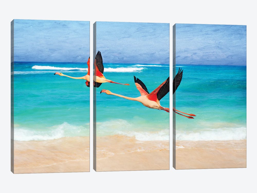 Pink Flamingoes In Flight by Laura D Young 3-piece Canvas Wall Art