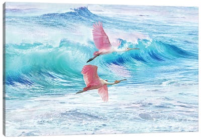 Two Spoonbills At The Ocean Canvas Art Print - Wave Art