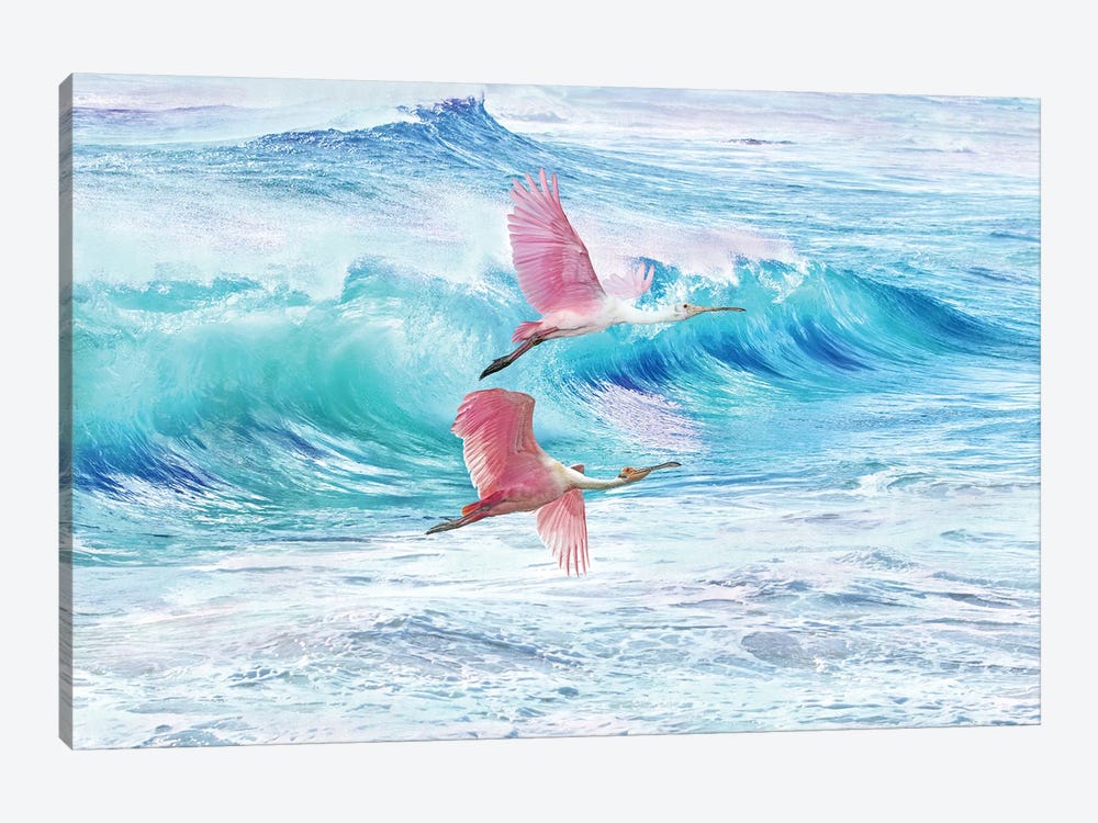 Two Spoonbills At The Ocean by Laura D Young 1-piece Canvas Artwork
