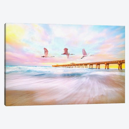 Roseate Spoonbills Flying To The Pier Canvas Print #LDY204} by Laura D Young Canvas Wall Art