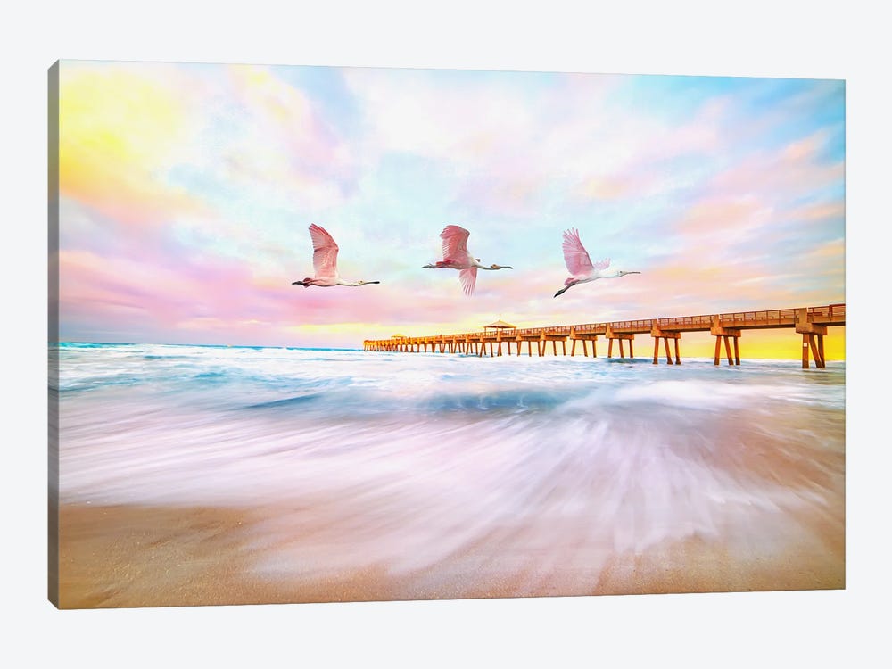 Roseate Spoonbills Flying To The Pier by Laura D Young 1-piece Art Print