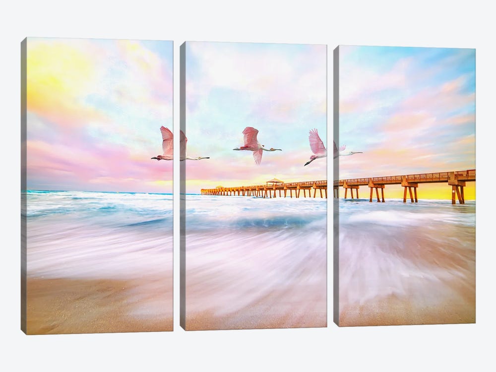 Roseate Spoonbills Flying To The Pier by Laura D Young 3-piece Canvas Print