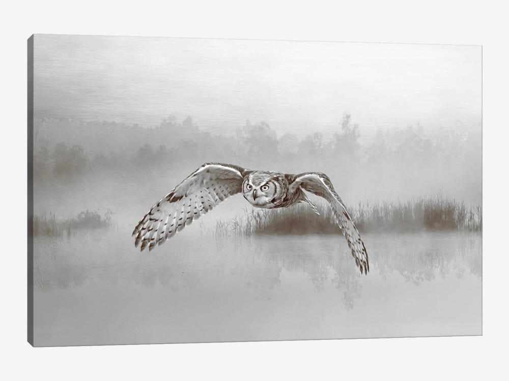 Great Horned Owl Over Misty Pond by Laura D Young 1-piece Canvas Art