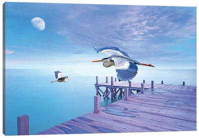 Grey Herons And Morning Moon Canvas Art Print - Heron Art