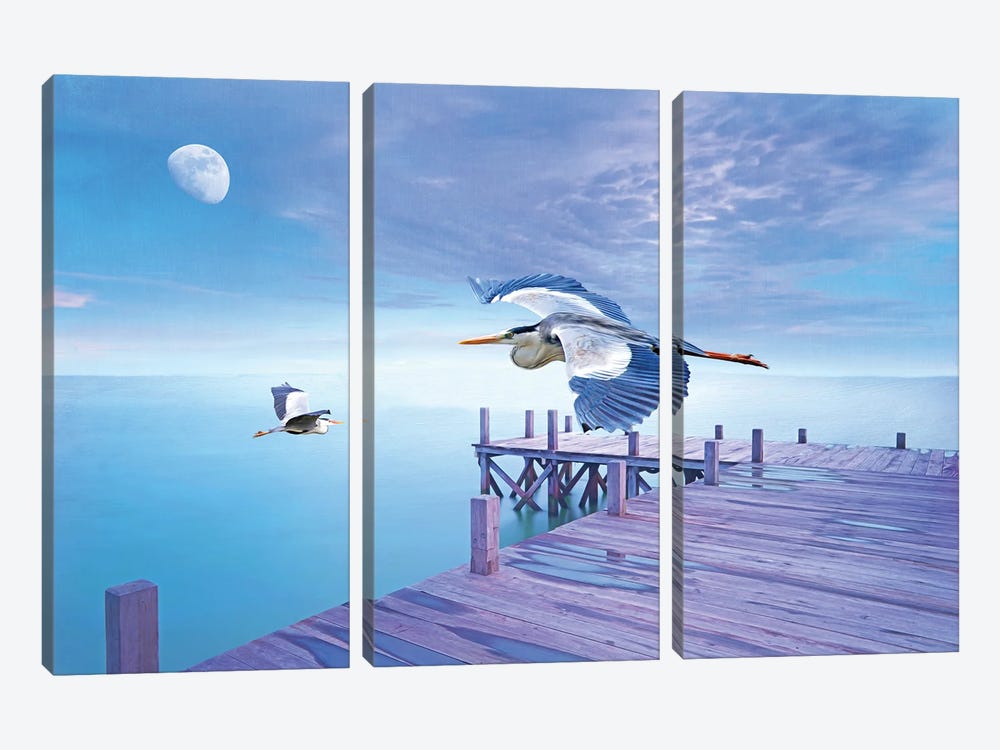 Grey Herons And Morning Moon by Laura D Young 3-piece Canvas Artwork