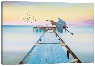 Reddish Egret At Old Ocean Dock Canvas Art Print - Sunset Shades