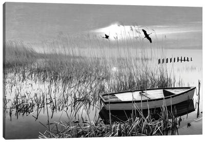 Lone Boat In Ocean Marshes Canvas Art Print - Marsh & Swamp Art