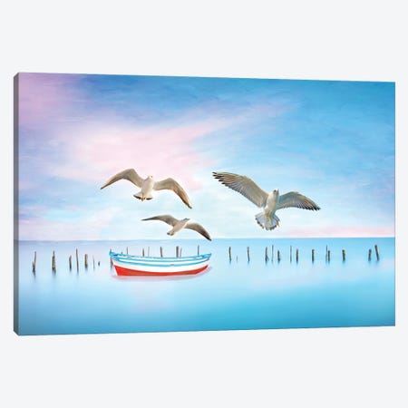 Seagulls And Blue Boat Canvas Print #LDY97} by Laura D Young Canvas Artwork