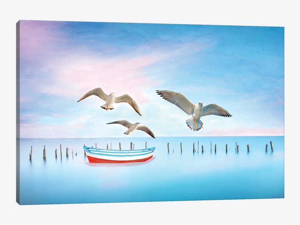 Seagulls And Blue Boat by Laura D Young 1-piece Canvas Art Print