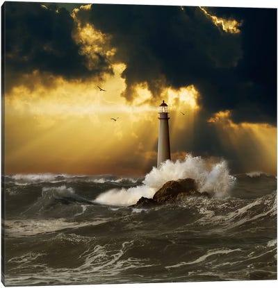 Lighthouse In A Clearing Storm Canvas Art Print - Lund Roeser