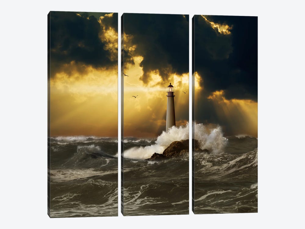 Lighthouse In A Clearing Storm by Lund Roeser 3-piece Canvas Artwork