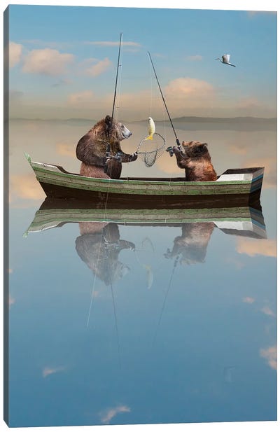 Bears Fishing Canvas Art Print - Brown Bear Art