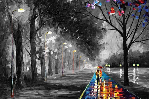 Leonid Afremov: Alley By The Lake B&W by Leonid Afremov