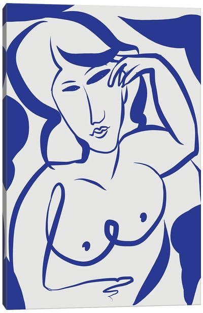 Line Art Nude Sketch In Blue Canvas Art Print - Blue Nude Collection